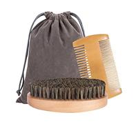 Beard Comb Brush Set Natural Boar Bristle Brush and Dual Action Wood Beard Combs with Velvet Travel Pouch for Men's Daily Grooming Care 3pcs