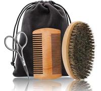 Beard Comb Brush Set with Beauty Trimming Scissors, Wooden Boar Bristle Beard Brush, Anti Static Moustache Pocket Comb, Portable Hair Comb for Combing Beard Hair, Removing Debris, Massages Face
