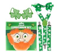 Beard, Eyebrows & Sideburns Leprechaun Set - Irish Shamrock Braces, Shutter Shamrock Glasses (Adult) & Irish Shamrock Bow Tie - St. Patrick’s Day Fancy Dress Costume Accessories