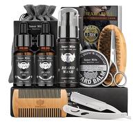 Beard Grooming Kit for Men Care: 9 in 1 Birthday Christmas Stocking Fillers Stuffers for Men Him Dad Husband Boyfriend Fathers Valentines Gift Set with Beard Oil Brush Balm Shampoo Comb Straight Razor