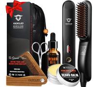 Beard Straightener for Men - 5-Temp Heated Brush with Anti-Scald Tech - Grooming Kit with Sandalwood Comb, Balm, Oil & Scissors - Gifts for Father’s Day, Anniversary & Birthdays