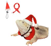 Bearded Dragon Christmas Costume - Adjustable Lizard Santa Hat and Scarf Set Small Animal Clothes Outfit Photo Props for Gecko Chameleon Amphibians Ferret Hamster