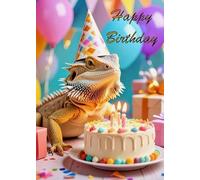 BEARDED DRAGON HAPPY BIRTHDAY GREETINGS CARD LARGE CARD WITH A GOLD ENVELOPE FEATURING A LIZARD IN A PARTY HAT