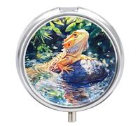 Bearded Dragon on Rock Round Pill Box Organiser 3 Compartment Portable Medicine Case