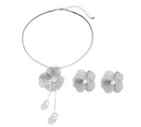 BEARJIA Statement Flower Earrings & Necklace Set - Large Floral Earrings & Chunky Necklace for Women, Copper Alloy, Created Pearl