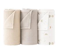 bearmoss Muslin Swaddle Blankets 100% Cotton Baby Swaddle Cloths 96x100cm, 3 Pack Large Soft Muslin Blankets for Newborn Baby Boys Girls(Grey Moon)
