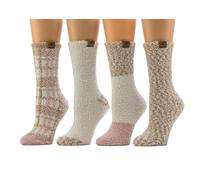 BEARPAW 4 Pair Pack Cozy Super Soft Lounge Socks Multi Pattern Crew Socks, Simply Taupe, One size