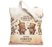 Bears Canvas Tote Bag for Women, Vintage Circus Elephant Giraffe Circus Pastel Washable Reusable Market Tote Ideas for Family Friends Colleagues Reading Loves 13x15 Inch