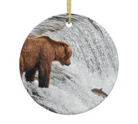 Bears Fishing In River Christmas Ceramic Round Ornament - Double Sided Print Xmas Tree Hanging Decoration With Gold String