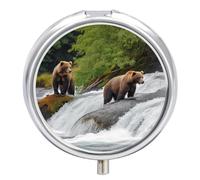 Bears Fishing in River Pill Box Cute Round Pill Case Portable Medicine Tablet Vitamin Holder Organizer for Purse Pocket