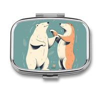 Bears Together Pill Box 2 Compartment, Portable Pill Case with Mirror for Pocket Purse Travel, Mini Metal Medicine Organizer for Vitamins Fish Oil