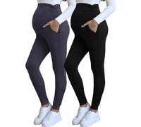 Bearsland Women Maternity Legging with Pocket Over Bump Pregnancy Soft Belly Support Yoga Pants, Black & Gray, XL