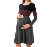 Bearsland Women’s Long Sleeve Maternity Dresses Patchwork Pregnancy Dress with Pocket, Barn Red, XL