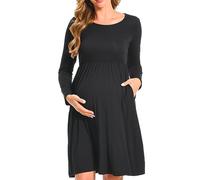 Bearsland Women’s Long Sleeve Maternity Dresses Patchwork Pregnancy Dress with Pocket, Black, L