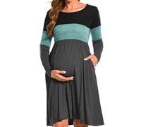 Bearsland Women’s Long Sleeve Maternity Dresses Patchwork Pregnancy Dress with Pocket, Green, M