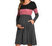 Bearsland Women’s Long Sleeve Maternity Dresses Patchwork Pregnancy Dress with Pocket, Maroon, XL