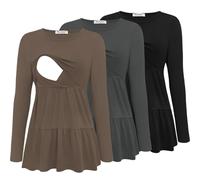 Bearsland Women’s Nursing Top 3pack Long Sleeve Scoop Neck Breastfeeding Shirts Nursing Shirt, Black & Iron Gray & Tea Brown, M