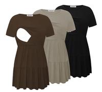 Bearsland Women’s Nursing Top 3pack Short Sleeve Scoop Neck Nursing Shirt Breastfeeding Shirts, Black & Simply Taupe & Chocolate Brown, L