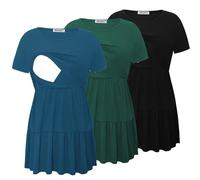 Bearsland Women’s Nursing Top 3pack Short Sleeve Scoop Neck Nursing Shirt Breastfeeding Shirts, Black & Vivid Blue & Deep Green, S