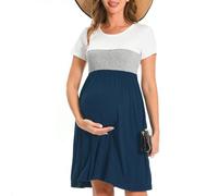 Bearsland Women’s Short Sleeve Maternity Dresses Patchwork Pregnancy Dress with Pocket, Lake Blue, XL