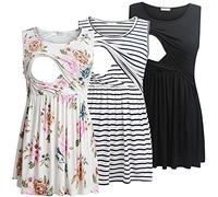 Bearsland Women's Maternity Nursing Tank Tops Sleeveless Scoop Neck Soft Breastfeeding Shirt,Black&White Striped&Roses White,M