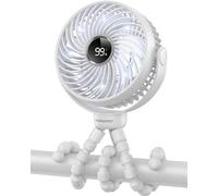 Bearwind Mini Portable Pram Fan, Rechargeable Clip On Fan for Stroller, Digital Display & Night Light, 4 Speeds, 360° Rotate Flexible Tripod Cooling for Buggy, Pushchair, Travel (White)