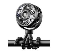 Bearwind Pram Fan, Rechargeable 4-Speed Clip On Fan, Digital Display, Black | Portable Baby Stroller Fan, LED Night Light, 360° Rotation, Flexible Tripod for Buggy, Pushchair, Car Seat, Crib and Travel