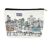 Beary Blu Cities Around the World Cosmetic Bag Series - Designed in USA, Travel Makeup Bag with Zipper, Souvenir Gift for Women, Cute City Artwork Organizer for Purse or Toiletry (Detroit)