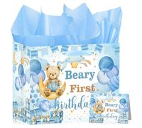 Beary First Birthday Bag for Boys Blue Bear Birthday Gift Bag Beary 1st Birthday Wrapping Paper with Tissue Paper Greeting Card Blue Bear Birthday Decor for Boys Cute Bear Baby Shower Party Supplies