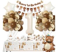 Beary First Birthday Decorations, First Birthday Decorations for Boys Girls, 1st Bear Themed Party Decorations with Balloons, Paper Plates, Cups, Tablecloths, Bear Decor Party Supplies for 20 Guests