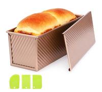 Beasea 2lb Pullman Loaf Pan with Lid, 1 Pack 12x4inch Large Bread Loaf Pans Carbon Steel Toast Box with Dough Scraper Set for Homemade Bread Bakeware Oven Baking - Rose Gold