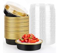 Beasea Aluminum Cupcake Pans with Lids, 4 Inch 50 Pack Disposable Pie Pans for Cake, 8 Oz Aluminum Pie Pan Tin Black Golden Tart Pans Round Oven Baking Mini Cake Pan for Pie Tart Quiche