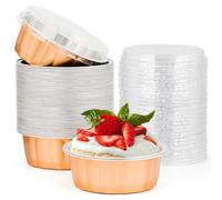 Beasea Disposable Ramekins 8oz, 50 Pack Rose Gold Aluminum Foil Cups with Lids, Disposable Creme Brulee Muffin Cupcake Baking Cup Mini Pudding Cups for Party Wedding Birthday