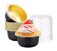 Beasea Disposable Ramekins with Lids, 25 Pack 15oz 445ml 4 Inch Disposable Round Aluminum Foil Cups Cupcake Mini Pudding Desserts Baking Cups for Party Business Individual Serving - Black Gold