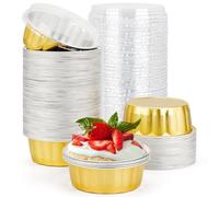 Beasea Disposable Ramekins with Lids, 8oz 100 Pack Golden Aluminum Foil Cups Disposable Creme Brulee Muffin Cupcake Baking Cup Mini Pudding Cups for Party Wedding Birthday