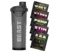 Beast Pharm Beast | Protein Shaker Bottle Sports Supplements Samples | 5 Sachets + 1000ml Shaker Gym Gift Set | Stim, Pump, Whey, Hydro and EAA
