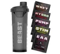 Beast Pharm Beast | Protein Shaker Bottle Sports Supplements Samples | 5 Sachets + 1000ml Shaker Gym Gift Set | Stim, Pump, Whey, Hydro and EAA