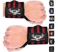 BEAST RAGE Weight Lifting Straps Wrist Wraps Fitness Padded Cotton Wrist Support Gel Advanced Grips Dumbbell Bar Wraps Heavy Duty Gym Bodybuilding Straps Power Deadlift Barbells (Red Black Wraps)