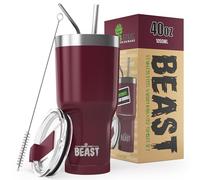 Beast Tumbler - 1050 ml (40 oz), Cranberry | Reusable Stainless Steel, Vacuum Insulated Cup | with + 2 Straws & Cleaning Brush | Double Wall Travel Flask Perfect for Hot or Iced Coffee | BPA Free