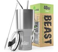 Beast Tumbler - 1100 ml (40 oz), Silver | Reusable Stainless Steel, Vacuum Insulated Cup | with + 2 Straws & Cleaning Brush | Double Wall Travel Flask Perfect for Hot or Iced Coffee | BPA Free