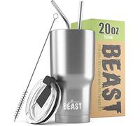 Beast Tumbler - 550 ml (20 oz), Silver | Reusable Stainless Steel, Vacuum Insulated Cup | with + 2 Straws & Cleaning Brush | Double Wall Travel Flask Perfect for Hot or Iced Coffee | BPA Free