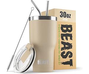 Beast Tumbler - 900 ml (30 oz), Beige Sand | Reusable Stainless Steel, Vacuum Insulated Cup | with + 2 Straws & Cleaning Brush | Double Wall Travel Flask Perfect for Hot or Iced Coffee | BPA Free