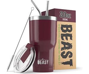 Beast Tumbler - 900 ml (30 oz), Cranberry | Reusable Stainless Steel, Vacuum Insulated Cup | with + 2 Straws & Cleaning Brush | Double Wall Travel Flask Perfect for Hot or Iced Coffee | BPA Free