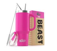 Beast Tumbler with Handle - 1300 ml (42 oz), Cup Cake Pink | Reusable Stainless Steel, Vacuum Insulated Cup | with + 2 Straws & Cleaning Brush | Double Wall Travel Flask Perfect for Hot or Iced Coffee