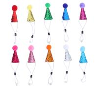 Beatifufu 10pcs Mini Dog Birthday Hats with Pom Poms PU Cone Party Headwear for Pets and Stuffed Animals Reusable Cute Tiny Party Decorations for Dogs Cats Figures