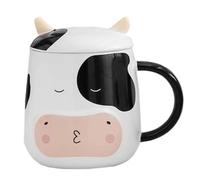 Beatifufu Ceramic Coffee Mug with Cute Cow Pattern Handle for Comfortable Grip Includes Lid and Spoon for Tea Milk Hot Chocolate at Home Office Restaurant Use