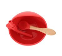 Beatifufu Feeding Bowl and Spoon Food-Grade Silicone Suction Plate with Straw for Weaning Easy Scoop Training Dish with Comfortable Handle Red Cartoon Design