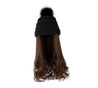 Beatifufu Womens Beanie Wig Set with Detachable Long Wavy Hair, Black Knitted Warm Hat with Light Brown Hair, Winter Hat Wig for Cosplay and Cold Weather
