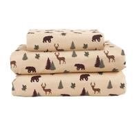 Beatrice Home Fashions Cozy Cabin 3-Piece Twin Microfiber Bedding Sheet Set with Deep Pockets Rustic Patchwork Plaid Deer, Brown Tan Green