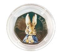 Beatrix Potter Peter Rabbit Coloured Decal Varnish Stickers Seal 50p Fifty Pence Coin with Capsule Holder *NOT SILVER PROOF*